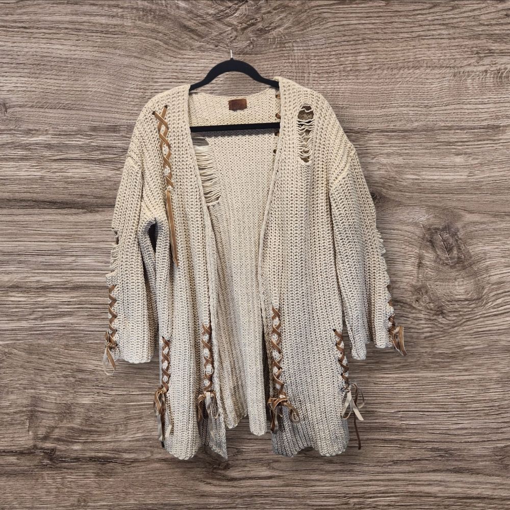 POL Oversized Distressed Grunge Boho Open Knit Cream Cardigan MEDIUM